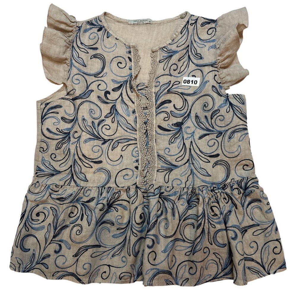 Viola Borghi 100% Linen Scroll Print Peplum Tunic Tan Blue Women’s XL